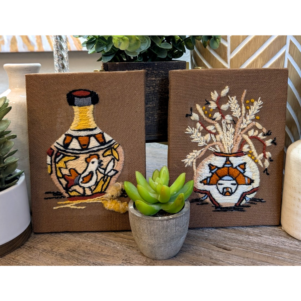 Vintage 1970s Sunset Designs Crewel Embroidery Wall Art Floral Vase Bird 5x7